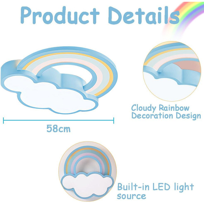 Світлодіодний стельовий світильник для дитячої кімнати з можливістю затемнення хмари веселка з пультом дистанційного керування 3000K-6000K синій