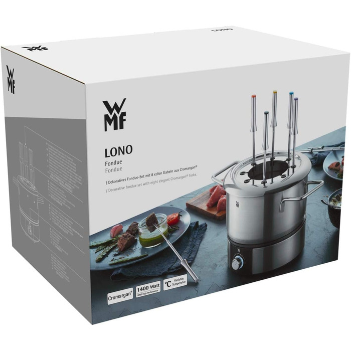 Електричний набір для фондю WMF Lono на 8 осіб: регулювання температури, індукційний горщик 1.2л, з нержавіючої сталі, з тримачем для виделок