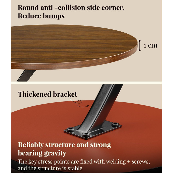 Журнальний столик, Маленький журнальний столик C-подібної форми, Мобільний журнальний столик Стіл для вітальні С-подібна форма з металевим каркасом, Круглий стіл як полиця для дивана для кави та ноутбука 60 x Ø 39 см, Темний (Горіх)