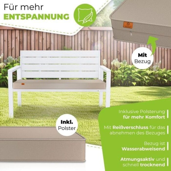 Кесер® Садова лавка з подушками – вулична лавка, стійка до погодних умов, 2 місця, паркова лавка з дизайном під дерево, для балкону, саду, тераси, вантажопідйомність до 300 кг, стійка до УФ-випромінювання, знімний та пральний чохол для подушки (білий / бі