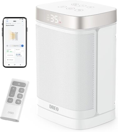 Електричний обігрівач Dreo Atom One S: тихий, енергоефективний, з Wi-Fi, пультом керування та 12-годинним таймером, 1500W, 3 режими, 3 швидкості, PTC кераміка, білий