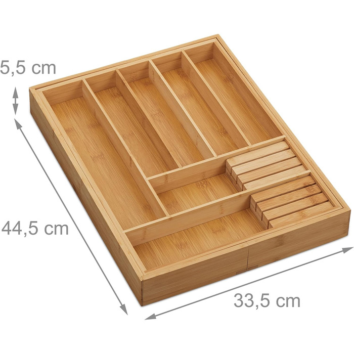 Лоток для столових приборів Relaxdays, висувний, 7-9 відділень, 5,5x45x44,5 см, 2 блоки для ножів, бамбук