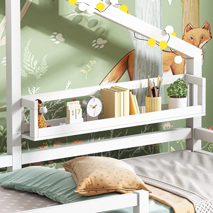 Дитяче ліжко Merax 90x200см із захистом від випадання, дитяче ліжко з полицею для зберігання, міцне дерев'яне ліжко на дереві з рейковим каркасом, ігрове ліжко для хлопчиків і дівчаток, біле 90 x 200 см Білі ящики