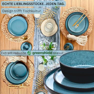 Набір посуду SÄNGER Vigo Kombiservice 30 тг. для 6 осіб: тарілки, чашки, паста, стелінг. Блакитний посуд з чорним обідком. Мікрохвильовка, посудомийна машина, стійкий до подряпин.