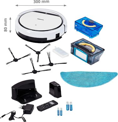 Робот-пилосос MEDION з функцією миття підлоги (90 хв роботи, 2-в-1, для твердих підлог, килимів, плитки, ламінату, оптимізований для шерсті тварин, повернення на зарядну станцію, MD 18501) білий