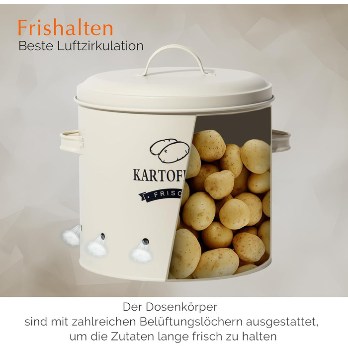 Набір контейнерів для картоплі Theo&Cleo, ретро дизайн, металевий контейнер для зберігання картоплі, кухове зберігання, бежевий колір