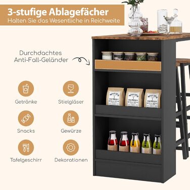 Барний стіл COSTWAY з барними стільцями (набір для 2 осіб), з 3 полицями, кухонний стіл у стилі ретро, колір - коричневий