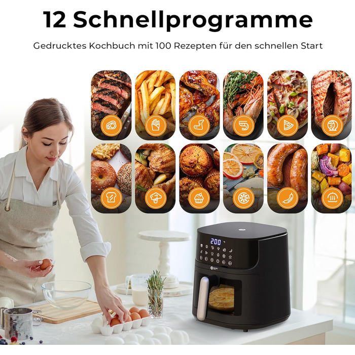 Фритюрниця Balter Airfryer HL-551T 5.5 л, чорна: 12 програм, 100 рецептів, з вікном