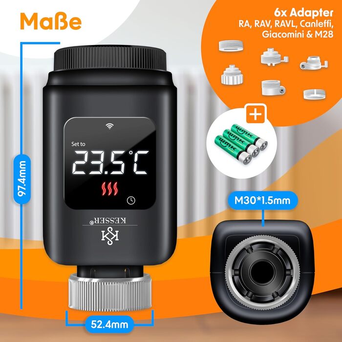 KESSER® WiFi термостат на радіатор опалення з керуванням через додаток Smart Home | Комплект з 6 вентилів | Сумісний з Alexa та Google Assistant | Економія енергії (Чорний)