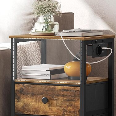 Нічний столик з підзарядкою, тумбочка з 2 шухлядами, приліжний столик з USB-портами та полицями, для вітальні, спальні, вінтажний коричневий та чорний XET02CBRY1