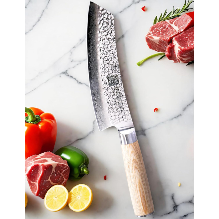 Японський ніж Сантоку 18 см з VG-10 сталі Дамаск (67 шарів), професійний кухонний ніж, ідеальний для дому та як подарунок