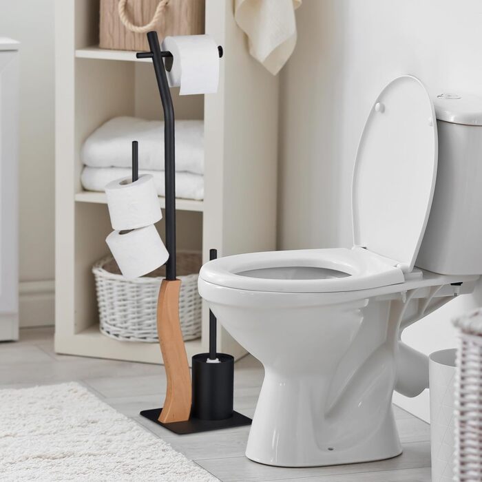 Туалетний набір Relaxdays, сталевий, вертикальний тримач для туалетного паперу, йоржик для унітазу з тримачем для щітки, HBD 87 x 26 x 20 см, чорний/натуральний