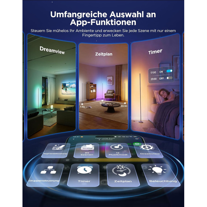 Govee RGBIC LED Торшер WiFi, Димування, Alexa/Matter, 16 млн кольорів, 85 режимів, Музичний режим, DIY, Чорний