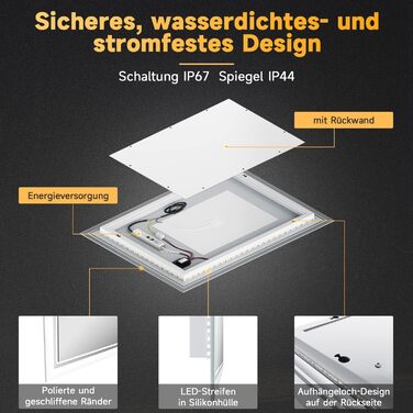 Дзеркало для ванної кімнати SONNI з підсвічуванням 80x60 см, 3 кольори світла, проти запотівання, LED, сенсорна кнопка, годинник, температура, 3-кратне збільшення