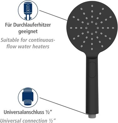 Дизайн душової лійки WENKO Міцний універсальний ручний душ, стильний душовий спрей з 3 типами струменя та зручним перемиканням кнопок, легке очищення від вапняного нальоту, високоякісний пластик, Ø 12 см (чорний)