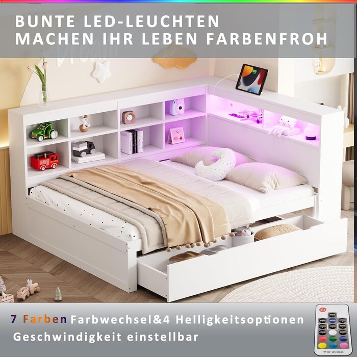 Диван-ліжко Kehun Doppelbet 140x200 см з LED та USB, ящик для зберігання та полиця, білий, без матраца