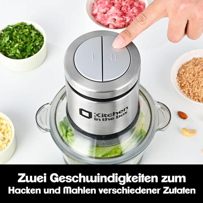 Електричний подрібнювач для кухні Kitchen in the Box 400W з 2 чашами (2L+2L) та двосторонніми лезами з нержавіючої сталі. Подрібнювач для м'яса, овочів, цибулі, фруктів срібного кольору.