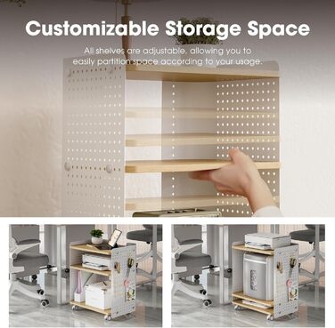 Стіл для принтера Fenge з колесами, мобільний тримач для принтера з перфорацією, 3 рівні, стійка для принтера/роликовий контейнер з органайзером, полиця, шафа для документів, для офісу та дому, 45,3x33,5x53,5 см (Дуб+Білий)