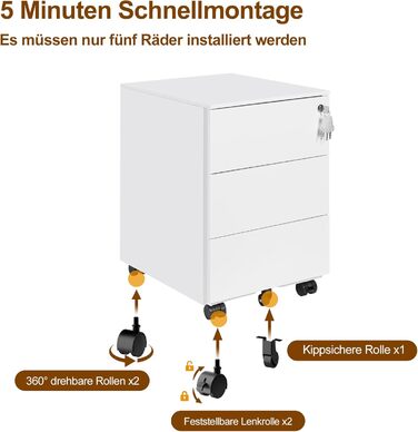 Роликовий контейнер HOMSTEEL з замком, 4 ключі, 4 висувні ящики, металевий шафка, збірно-розбірний, для офісу та дому, білий