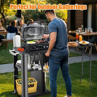 Гриль-возна Гриль-стіл з відкидним столиком, вулична кухня з гачками, полицею та шафкою, сервізний візок на колесах, чорний (143×37×89 см)