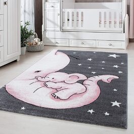 Дитячий килимок з малюнком милого слона, круглий килимок, що не вимагає особливого догляду, Килимки для дитячої, дитячої або ігрової кімнат, Розмір 160 см круглий, колір сіро-рожевий 160 см круглий рожевий