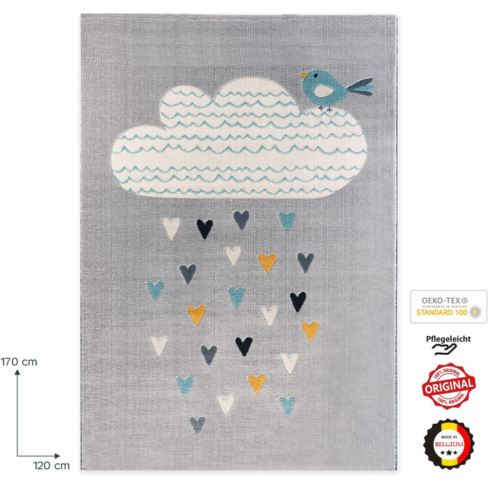 Килимок Domdeco Baby & Children's Rug YLVIE, з коротким ворсом висотою 7,5 мм, з мотивом птаха та хмари, для дитячої/дитячої/ігрової кімнати, виготовлений із синтетичних волокон, 120x170 см (світло-сірий, 120 x 170 см)