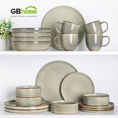 Набір посуду GBHOME 12 шт. з реактивної глазурі (12 шт.) - Тарілки та миски, чорно-оливковий, стійкий до сколів, для миття в посудомийній машині та використання в мікрохвильовці