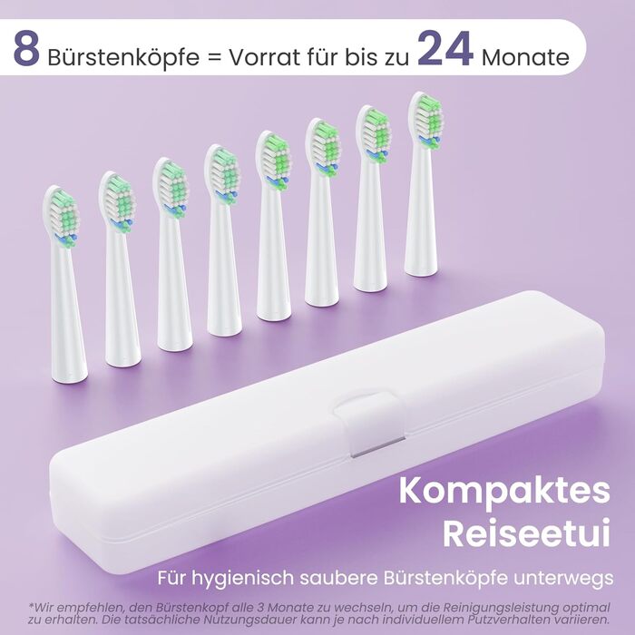 Електрична зубна щітка YUNCHI - звукова, для дорослих та дітей, 40000 VPM, USB-C, 5 режимів, 8 насадок + чохол, блакитна (C2 фіолетовий та білий)