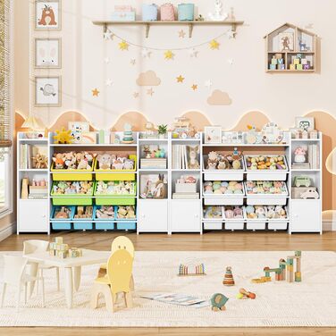 FOREHILL Дитяча полиця з 8 ящиками, дитячий шафа, книжкова полиця для дітей, органайзер для іграшок, меблі для дитячої кімнати, 138,8 x 94,3 x 29,6 см, білий (білий з зеленим)