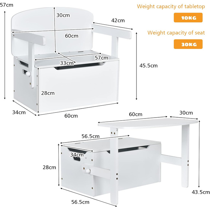 В 1 Дитяча лавка, Дерев'яне дитяче крісло з місцем для зберігання та підлокітниками, Сидіння Chest Children, включаючи письмовий стіл, Іграшкова скриня Ящик для іграшок, підходить для дітей від 3 до 7 років Білий, 3