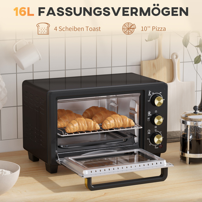 Міні-духовка HOMCOM 16 л, 1400 Вт, міні-духовка 100-230°C, таймер на 60 хв, з решіткою для гриля та деко, піч для піци з ручкою для підноса, знімний піддон для крихт Чорний | Aosom