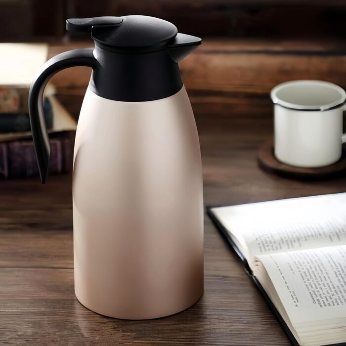 Термос-термокана 2л з нержавіючої сталі, двостінна вакуумна ізоляція, рожеве золото. Для кави, чаю та інших напоїв. Зберегає тепло/холод до 24 годин.