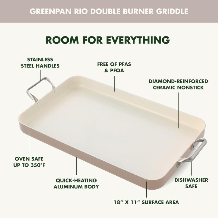 GreenPan Grillpfanne з подвійним дном, 45.7 x 27.9 см, керамічне антипригарне покриття, без PFAS, ручки з нержавіючої сталі, для плити, посудомийна машина, духовка та гриль, Оксфорд Блакитний