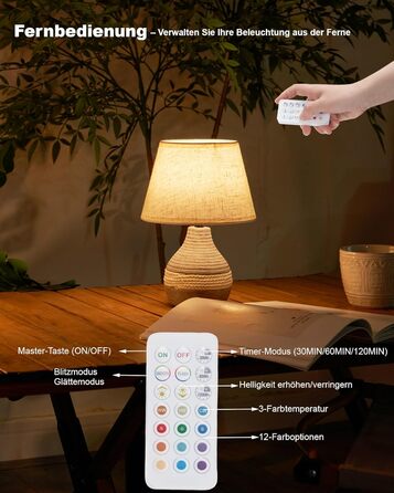 INTELIVE Бездротова керамічна настільна лампа з таймером, димером, лляним абажуром та пультом дистанційного керування. Акумуляторна, сучасний дизайн Mid Century.