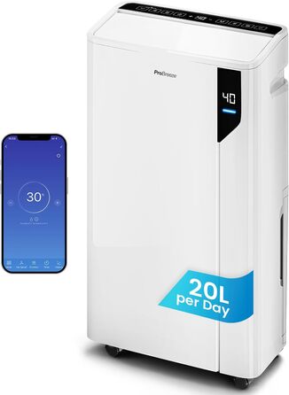 Електричний осушувач повітря Pro Breeze 20L - для приміщень до 35м², з функцією сушіння білизни, датчиком вологості, таймером та фільтром. Захист від плісняви. Керування через додаток.