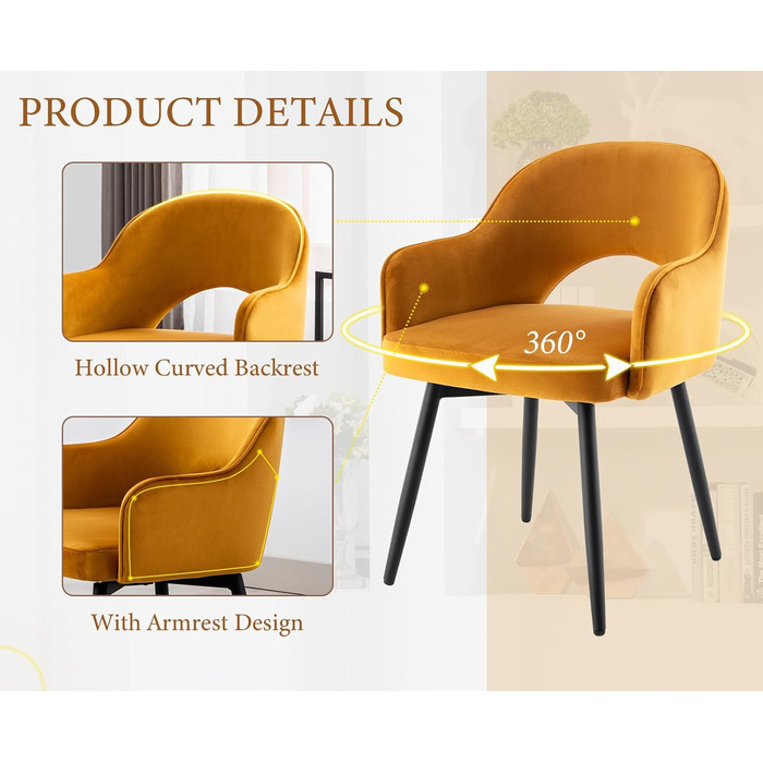 4 крісла з велюру для їдальні, обертаються на 360°, кухонні крісла з підлокітниками, м'які бічні крісла для дому, офісу, вітальні (жовті)