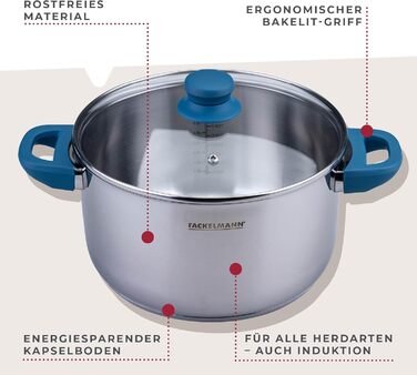 Каструля Fackelmann Essential з нержавіючої сталі з ергономічною ручкою Bakelite та літражним позначенням – підходить для всіх типів плит, синього кольору (з кришкою, 24 см)
