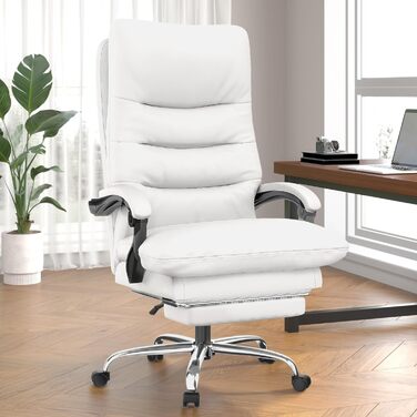Ергономічне крісло для офісу Naspaluro з підніжкою, комп'ютерне крісло з двошаровою подушкою, високою спинкою, функцією відкидання, регулюванням висоти, з PU-шкіри, до 150 кг (Білий, Штучна шкіра)