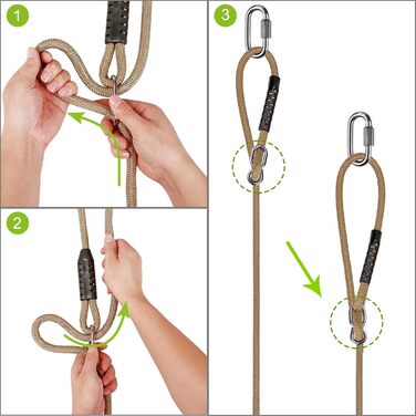 Гойдалка садові SELEWARE для дітей та дорослих: комплект з канатом 2м та 2 карабінами, чорна (Noir-2er)