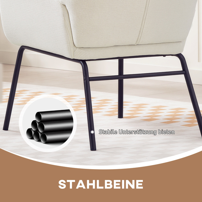 Елегантне крісло з м'якою оббивкою в стилі 'Кошенята', з високою спинкою, товстим шаром наповнювача та сталевими ніжками, кольору кремово-білого.