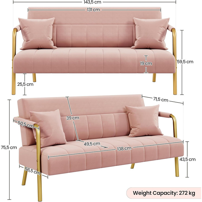Yaheetech Рожеве крісло-софа з підлокітниками та металевими ніжками. Сучасне двомісне крісло-софа з 2 подушками для попереку. Для вітальні/спальні (143,5 см)