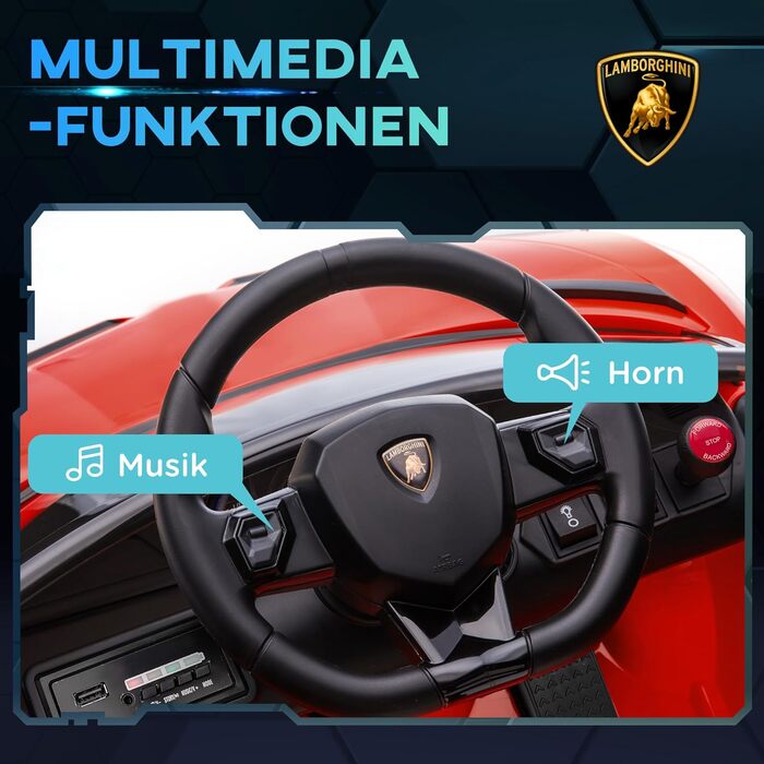 Дитячий електромобіль HOMCOM Lamborghini Aventador SVJ Roadster 12V, червоний, з пультом ДУ, MP3, світлом і звуком, для дітей 3-5 років