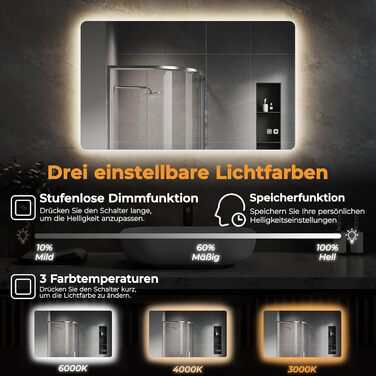 Дзеркало для ванної кімнати зі підсвічуванням SVNR, 70 x 50 см, LED, бездоганне покриття, сенсорне керування, регулювання кольору 3000K-6400K, з синім підсвічуванням