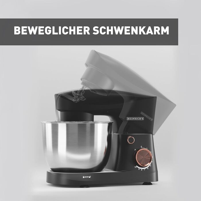 Кухонна машина Heinrichs 1500W з місткою чашею 6L з нержавіючої сталі, 10 швидкостей, титан, міксер, тістоміс, планетарний міксер