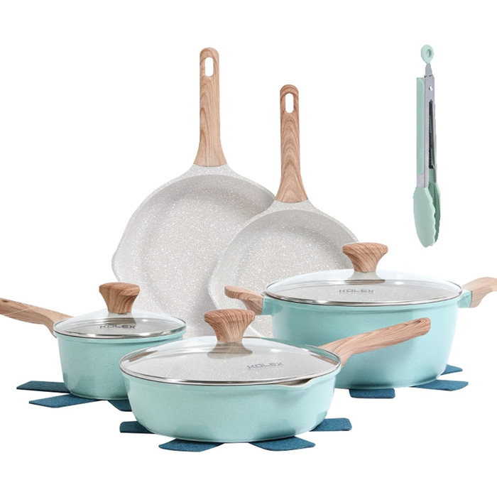 KOLEX Набір кухонного посуду з гранітною покриттям, 12 предметів, блакитний. Без PFOA.