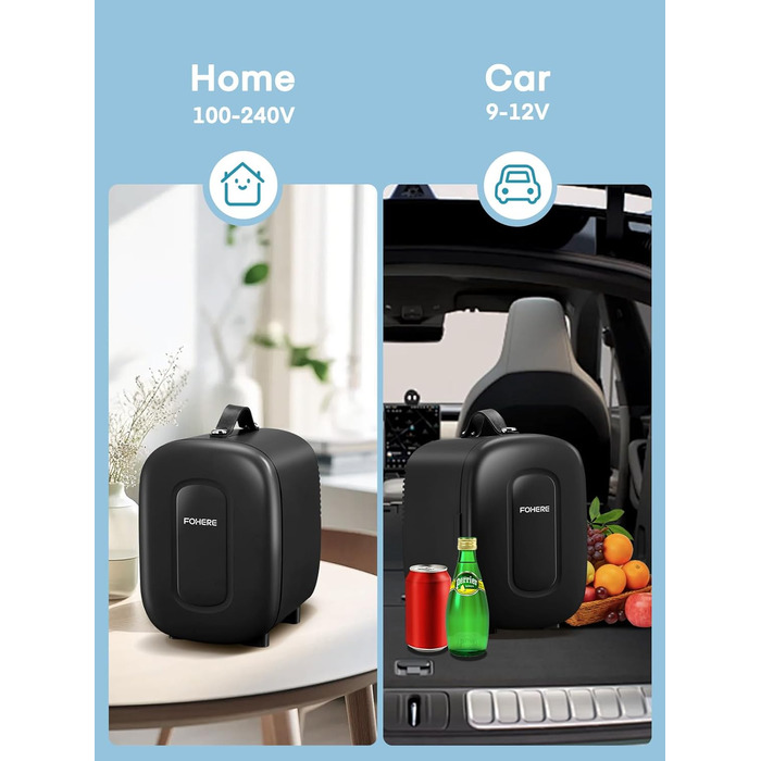 Міні холодильник FOHERE 5 літрів / 6 банок, USB живлення, 220V AC/12V DC, для напоїв та косметики, білий (чорний)
