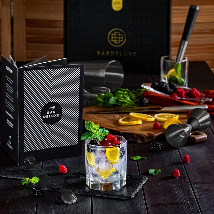 Набір бармена Boston Shaker Set BarDeluxe® 5 предметів: шейкер, аксесуари, рецепти, подарунковий набір (750 мл, нержавіюча сталь)