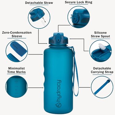 Пляшка для гідратації з інфузорією і маркером часу-літр без бісфенолу А-герметична спортивна пляшка-без конденсату пляшка для води - ідеально підходить для занять спортом і активного відпочинку - (2 л, темно-синій з соломинкою)