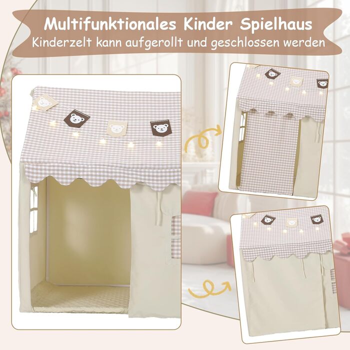 Дитячий намет Mamizо з килимком, прапорцями та світлом, зручний та дихаючий. Ігровий будиночок для дітей, намет для хлопчиків та дівчаток, 125x90x123 см, бежевий колір.