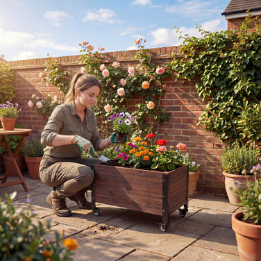 Підвищене грядка з дерева, грядка на колесах, мобільний теплиця-грядка, квітник 60 x 30 x 41 см для саду, балкону